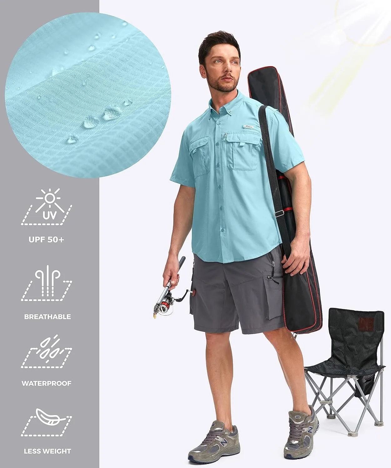 Pudolla Men's Fishing Shirts with Short Sleeves, Summer Travel Work Shirts, Button Down with UPF50  and Zipper Pockets