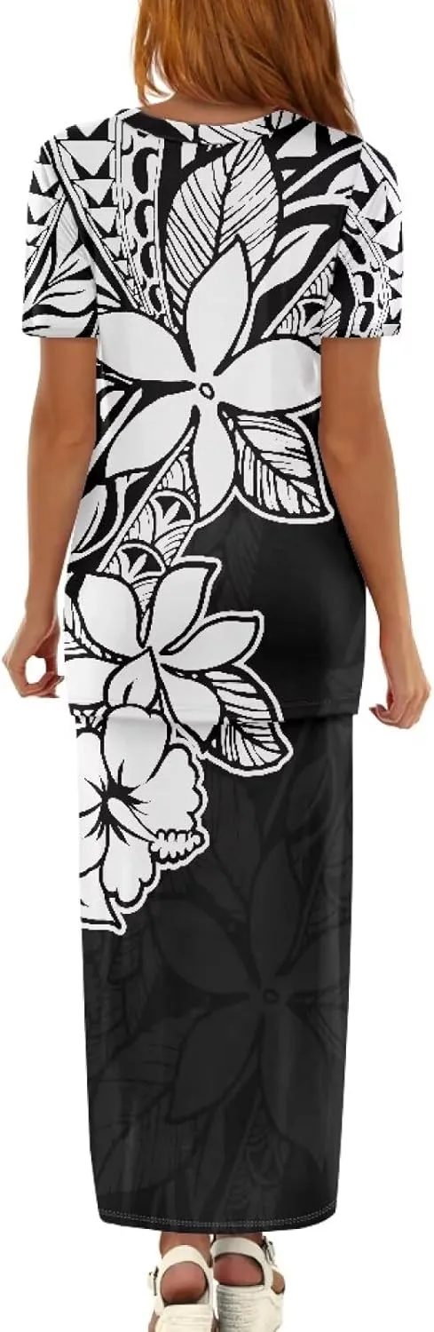 Puletasi Samoan Traditional Maxi Skirt Sets Polynesian Tribal Tapa Totem Women Island Short Sleeves Set Maxi Dress