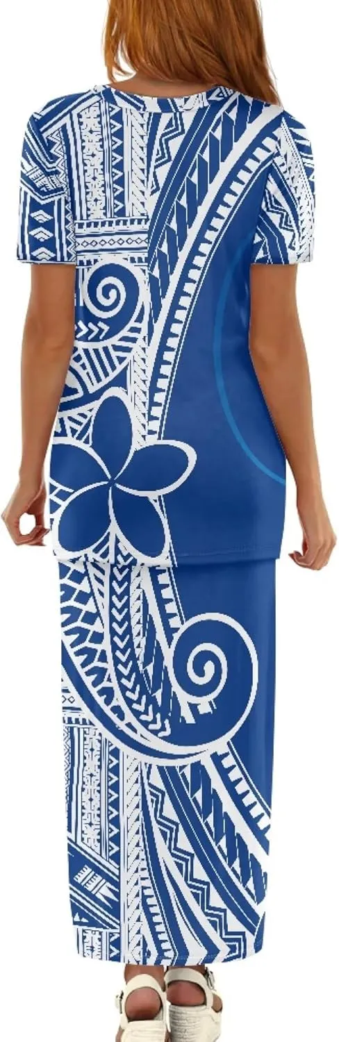 Puletasi Samoan Traditional Maxi Skirt Sets Polynesian Tribal Tapa Totem Women Island Short Sleeves Set Maxi Dress