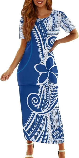 Puletasi Samoan Traditional Maxi Skirt Sets Polynesian Tribal Tapa Totem Women Island Short Sleeves Set Maxi Dress