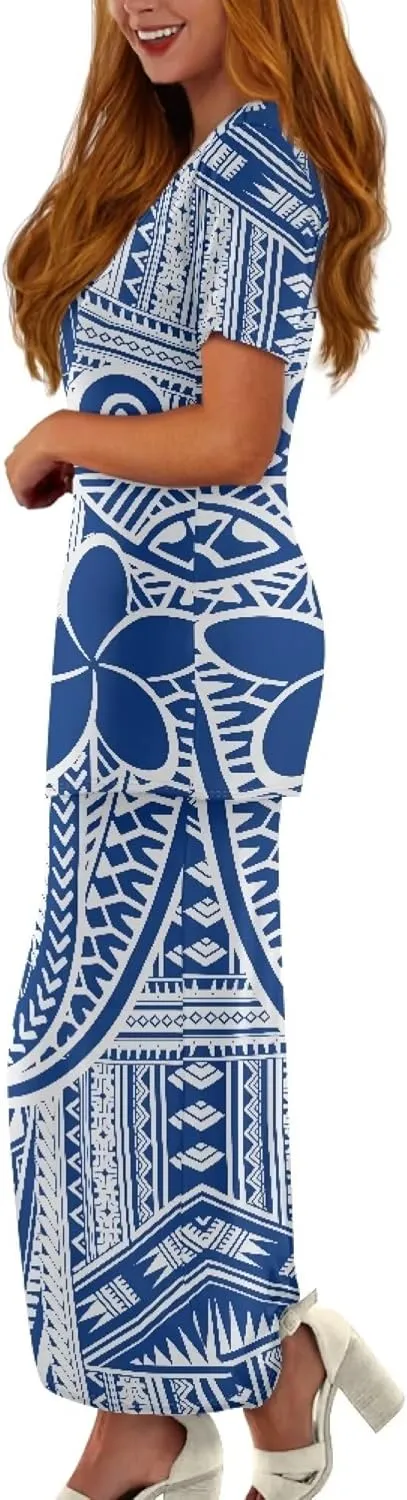 Puletasi Samoan Traditional Maxi Skirt Sets Polynesian Tribal Tapa Totem Women Island Short Sleeves Set Maxi Dress