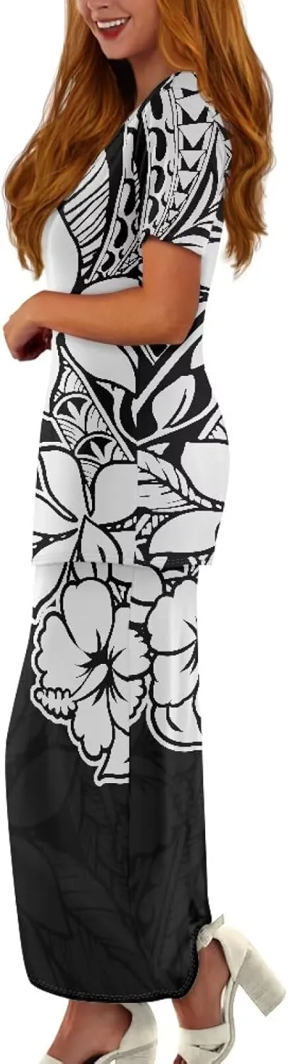 Puletasi Samoan Traditional Maxi Skirt Sets Polynesian Tribal Tapa Totem Women Island Short Sleeves Set Maxi Dress