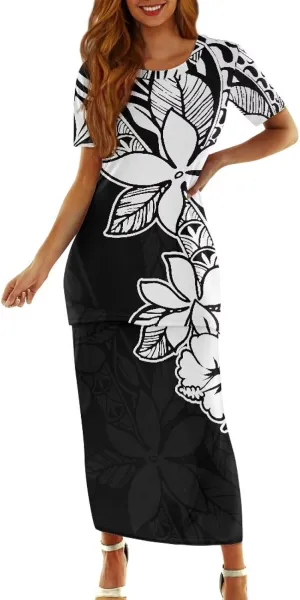 Puletasi Samoan Traditional Maxi Skirt Sets Polynesian Tribal Tapa Totem Women Island Short Sleeves Set Maxi Dress
