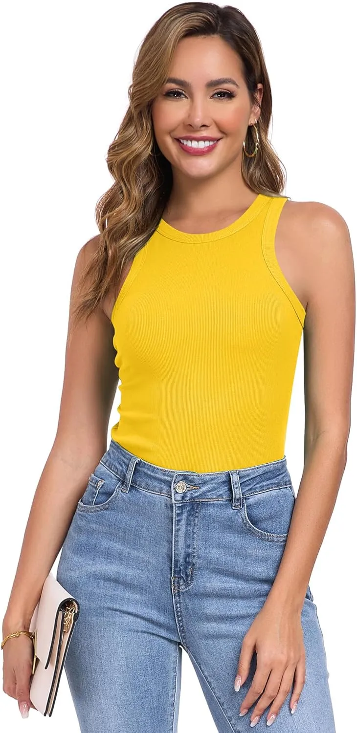 Qaffier Tank Top for Women High Neck Sleeveless Slim Fitted Summer Workout Tops Cotton Ribbed Racerback Shirts