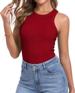Qaffier Tank Top for Women High Neck Sleeveless Slim Fitted Summer Workout Tops Cotton Ribbed Racerback Shirts