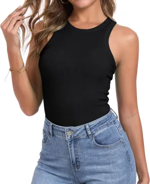 Qaffier Tank Top for Women High Neck Sleeveless Slim Fitted Summer Workout Tops Cotton Ribbed Racerback Shirts