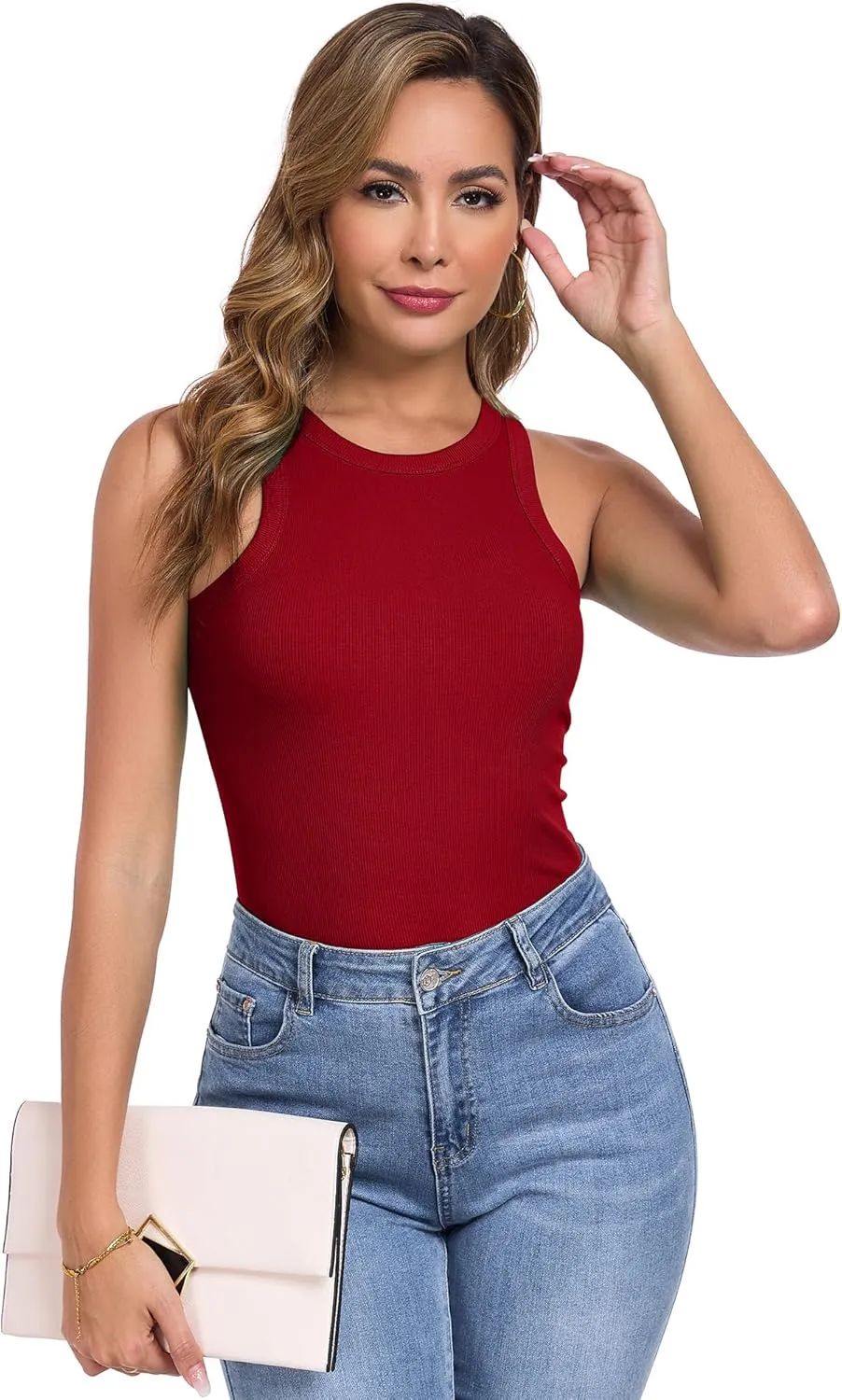 Qaffier Tank Top for Women High Neck Sleeveless Slim Fitted Summer Workout Tops Cotton Ribbed Racerback Shirts