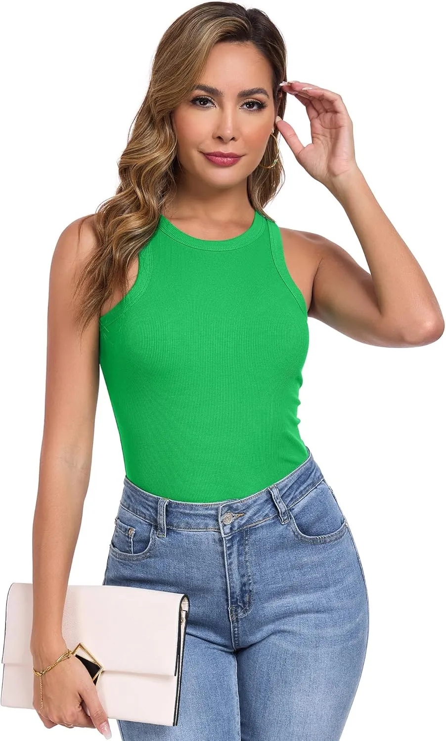 Qaffier Tank Top for Women High Neck Sleeveless Slim Fitted Summer Workout Tops Cotton Ribbed Racerback Shirts