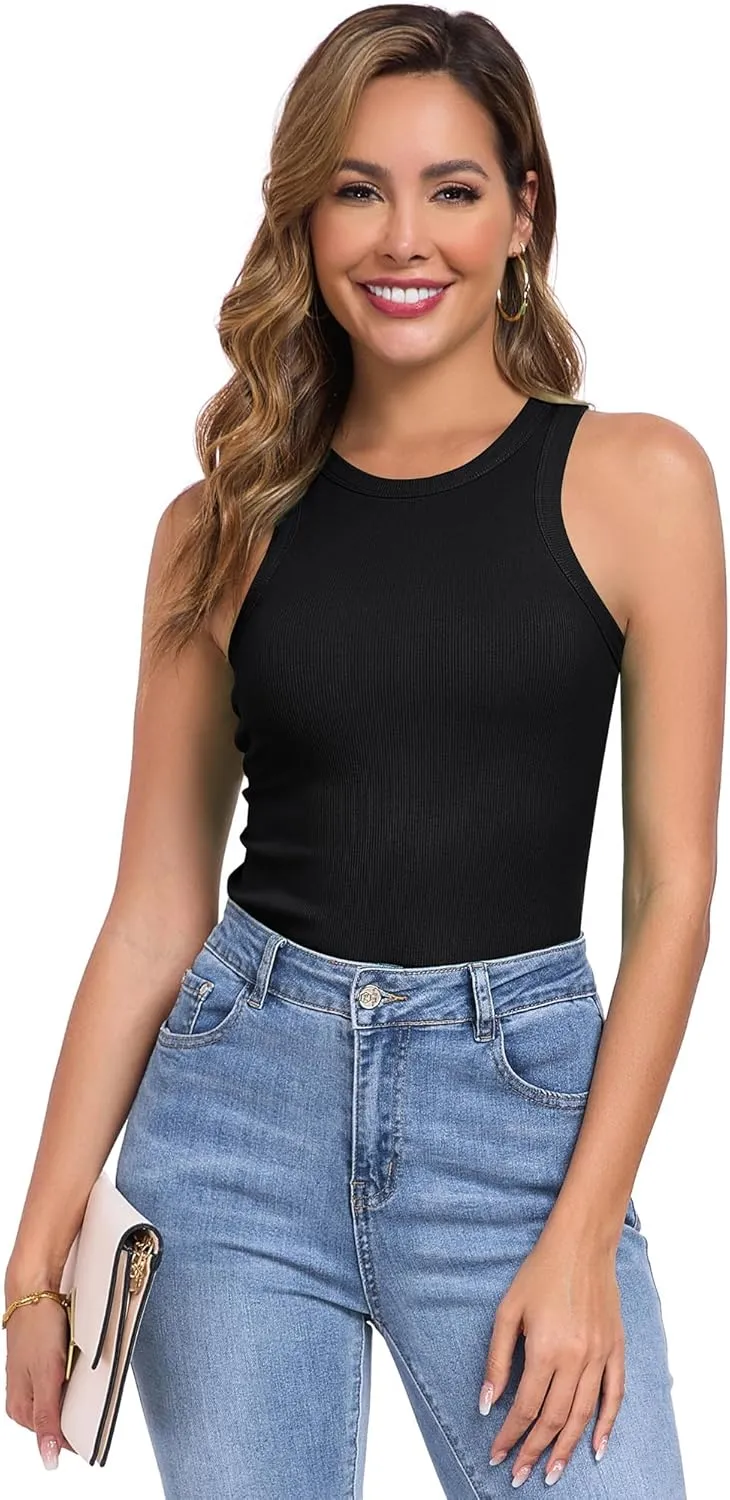 Qaffier Tank Top for Women High Neck Sleeveless Slim Fitted Summer Workout Tops Cotton Ribbed Racerback Shirts