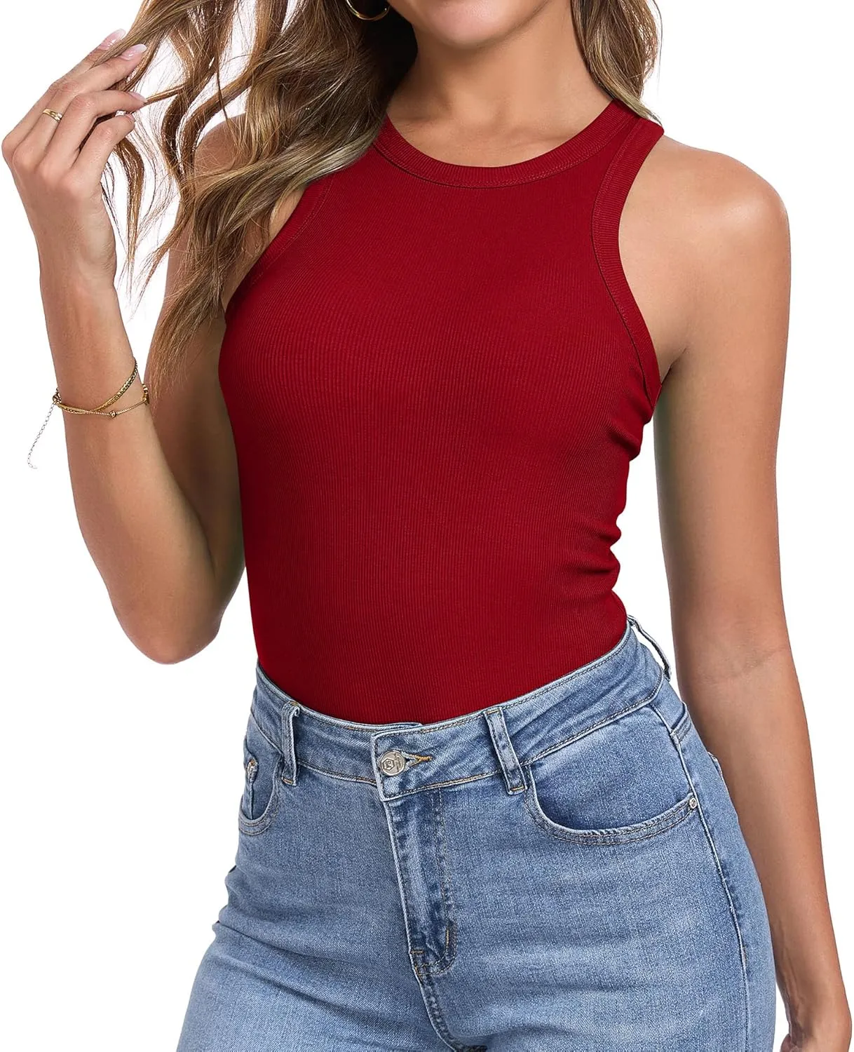 Qaffier Tank Top for Women High Neck Sleeveless Slim Fitted Summer Workout Tops Cotton Ribbed Racerback Shirts