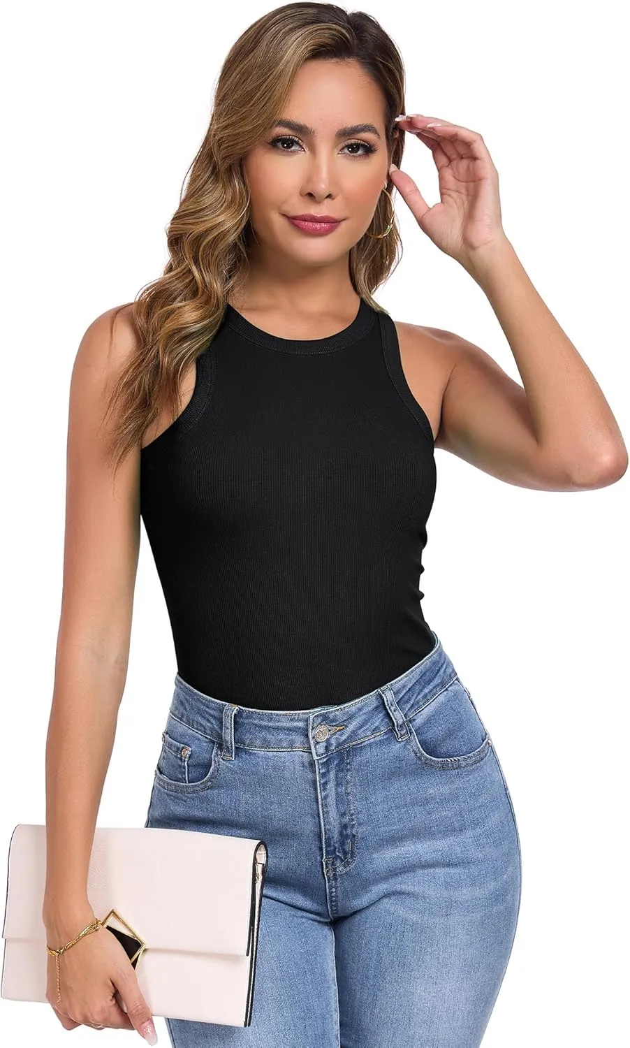 Qaffier Tank Top for Women High Neck Sleeveless Slim Fitted Summer Workout Tops Cotton Ribbed Racerback Shirts