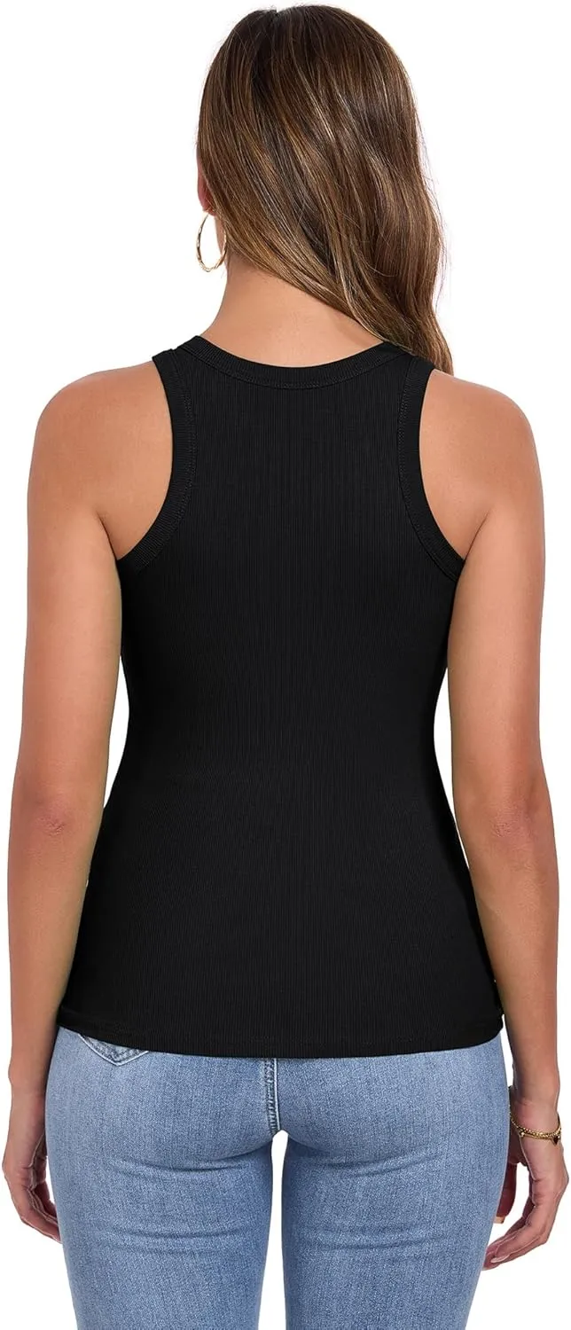 Qaffier Tank Top for Women High Neck Sleeveless Slim Fitted Summer Workout Tops Cotton Ribbed Racerback Shirts