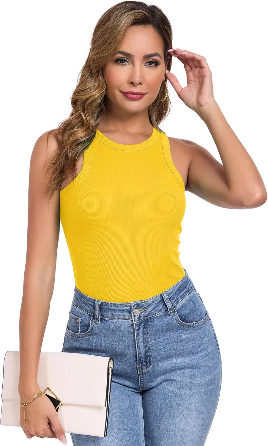Qaffier Tank Top for Women High Neck Sleeveless Slim Fitted Summer Workout Tops Cotton Ribbed Racerback Shirts