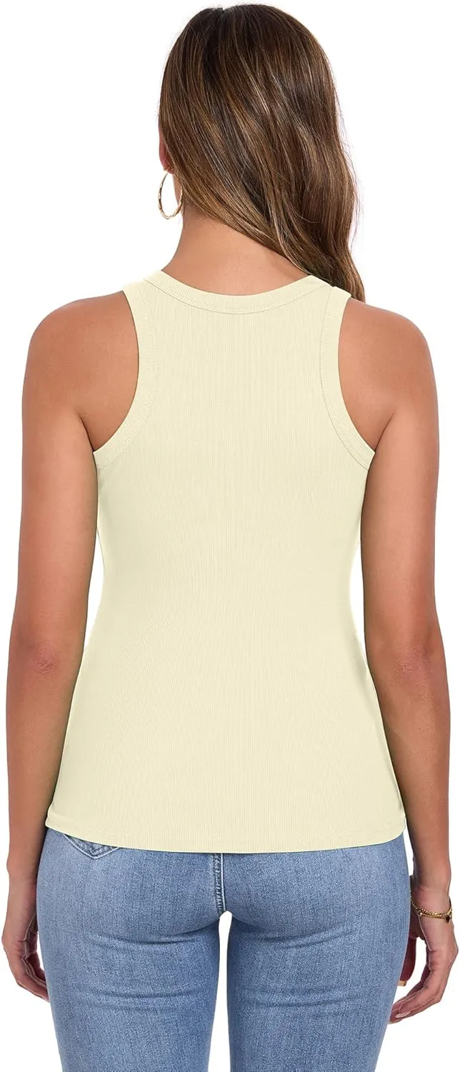 Qaffier Tank Top for Women High Neck Sleeveless Slim Fitted Summer Workout Tops Cotton Ribbed Racerback Shirts