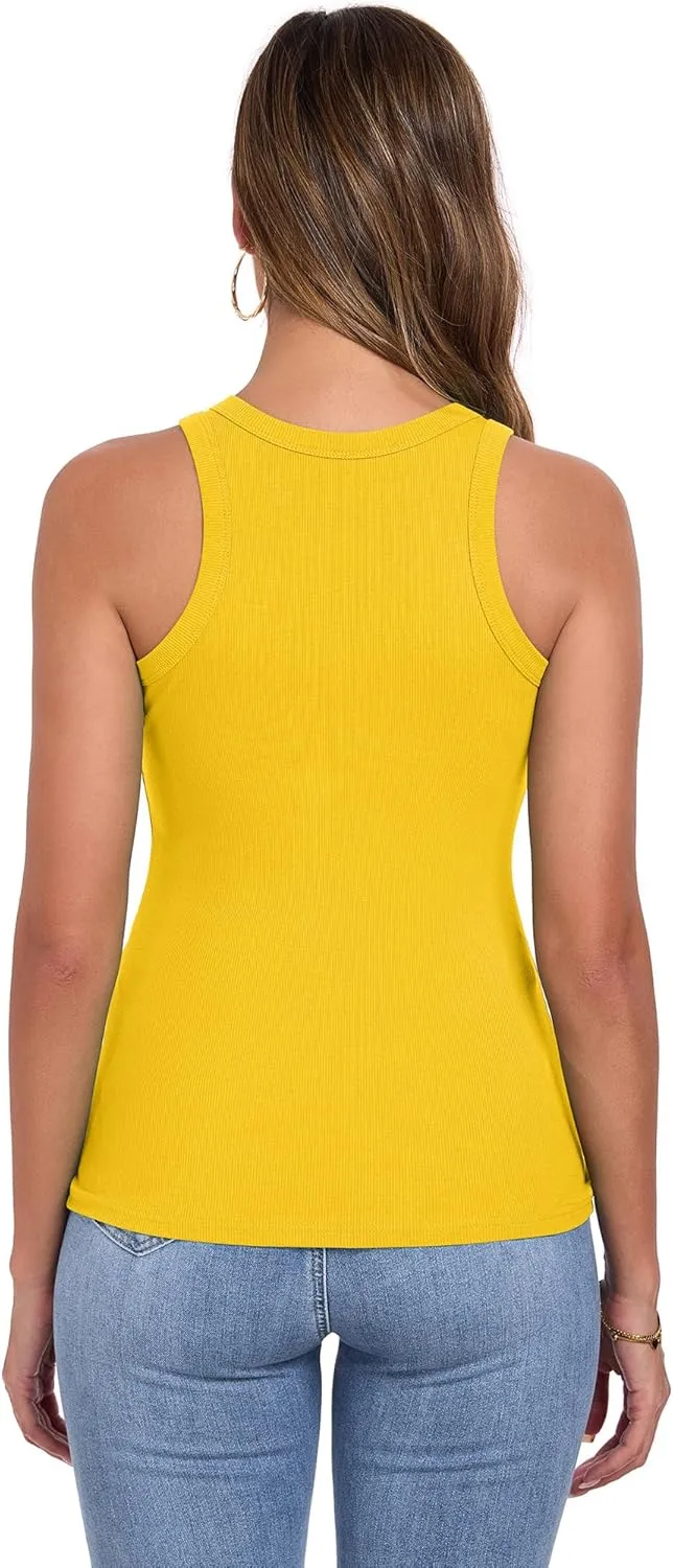 Qaffier Tank Top for Women High Neck Sleeveless Slim Fitted Summer Workout Tops Cotton Ribbed Racerback Shirts