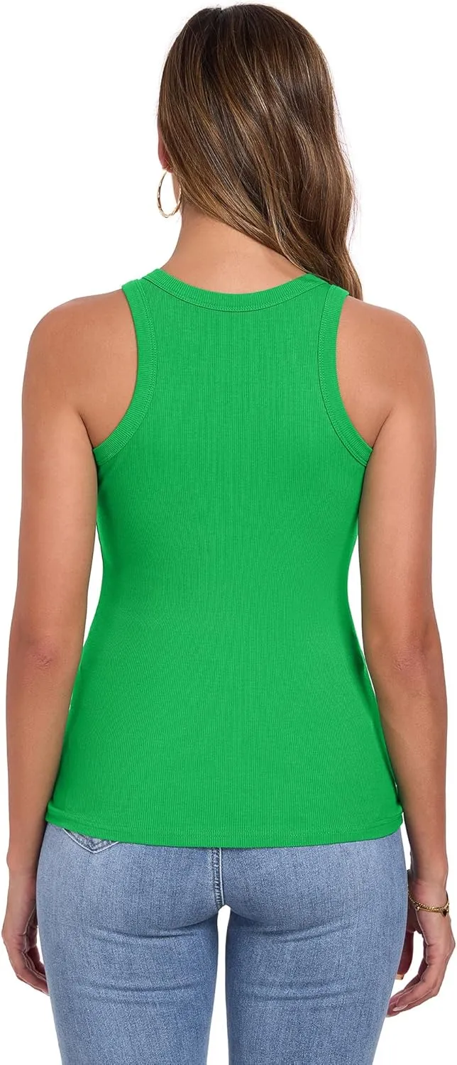 Qaffier Tank Top for Women High Neck Sleeveless Slim Fitted Summer Workout Tops Cotton Ribbed Racerback Shirts