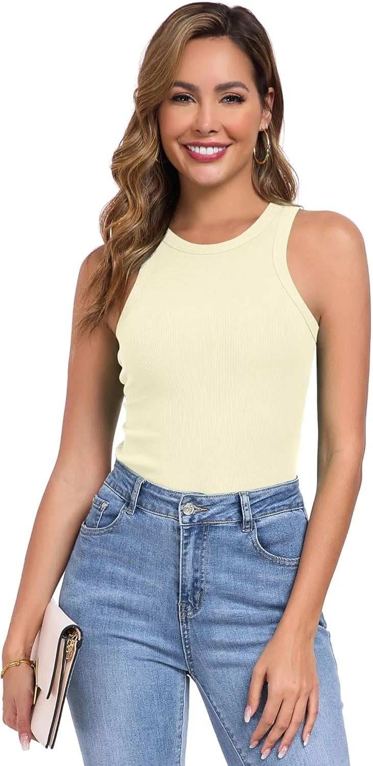 Qaffier Tank Top for Women High Neck Sleeveless Slim Fitted Summer Workout Tops Cotton Ribbed Racerback Shirts