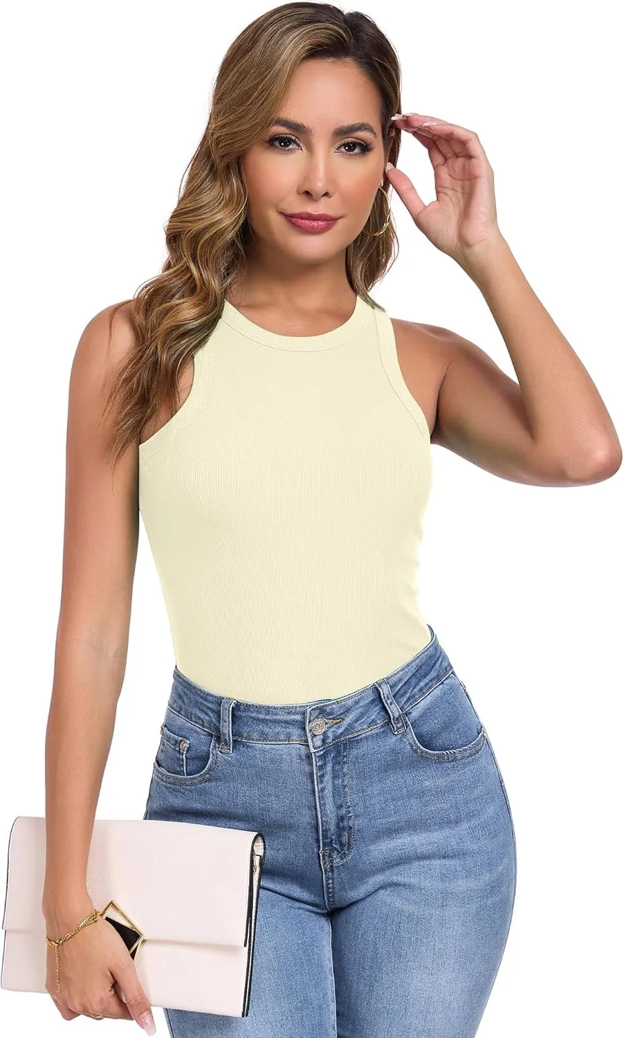 Qaffier Tank Top for Women High Neck Sleeveless Slim Fitted Summer Workout Tops Cotton Ribbed Racerback Shirts