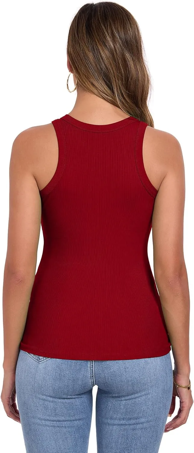 Qaffier Tank Top for Women High Neck Sleeveless Slim Fitted Summer Workout Tops Cotton Ribbed Racerback Shirts