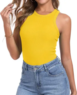 Qaffier Tank Top for Women High Neck Sleeveless Slim Fitted Summer Workout Tops Cotton Ribbed Racerback Shirts