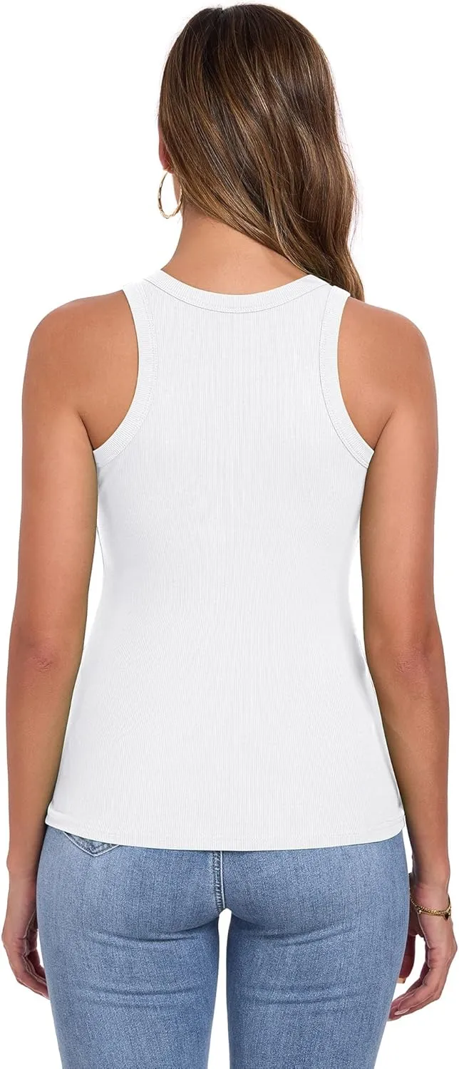 Qaffier Tank Top for Women High Neck Sleeveless Slim Fitted Summer Workout Tops Cotton Ribbed Racerback Shirts