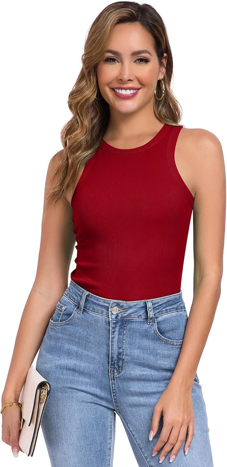 Qaffier Tank Top for Women High Neck Sleeveless Slim Fitted Summer Workout Tops Cotton Ribbed Racerback Shirts