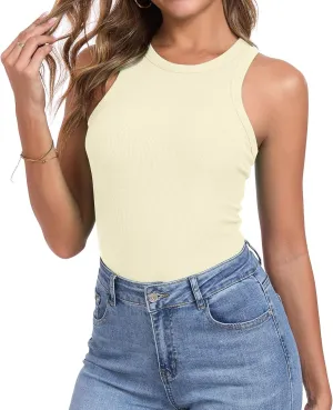 Qaffier Tank Top for Women High Neck Sleeveless Slim Fitted Summer Workout Tops Cotton Ribbed Racerback Shirts