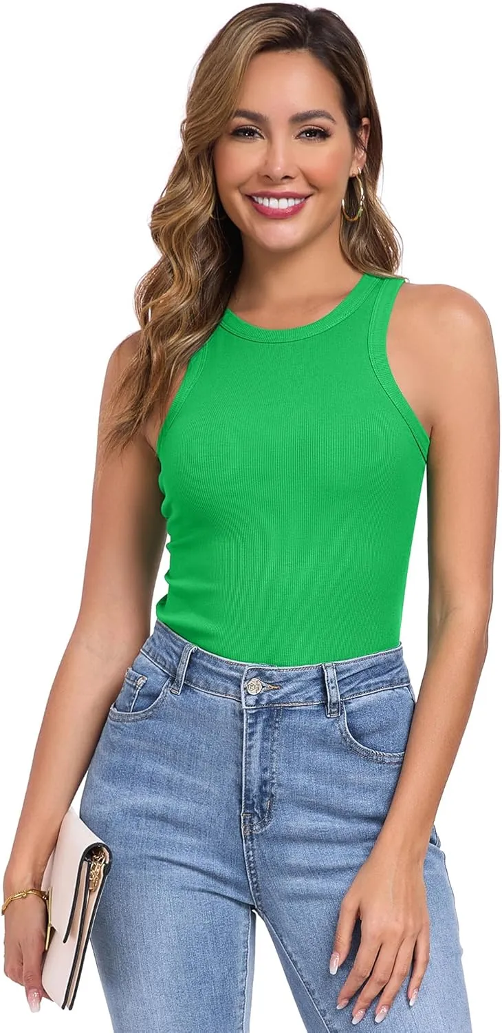 Qaffier Tank Top for Women High Neck Sleeveless Slim Fitted Summer Workout Tops Cotton Ribbed Racerback Shirts