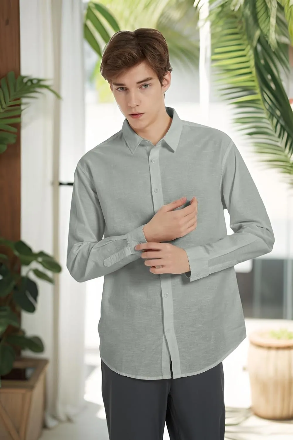 Ross&Freckle Men's Casual Button Down Long Sleeve Shirt Cotton Linen Shirts