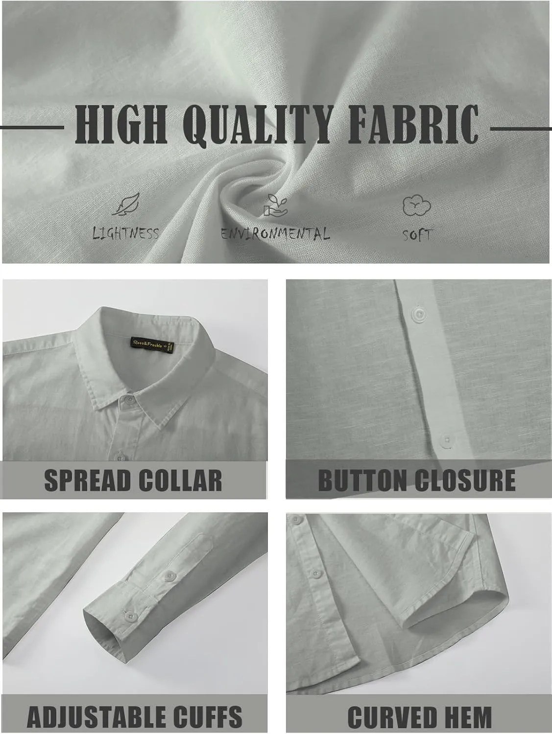 Ross&Freckle Men's Casual Button Down Long Sleeve Shirt Cotton Linen Shirts