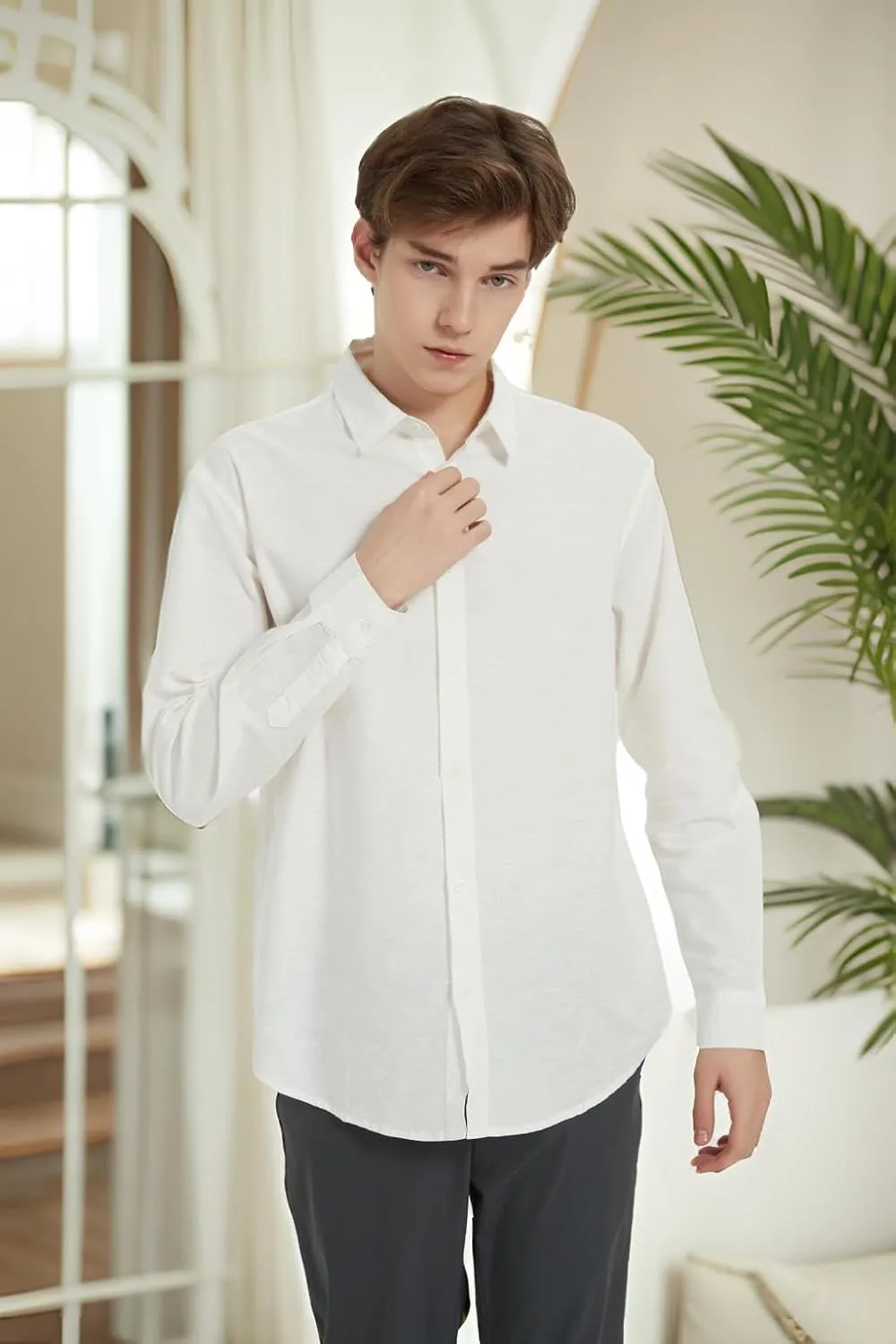Ross&Freckle Men's Casual Button Down Long Sleeve Shirt Cotton Linen Shirts