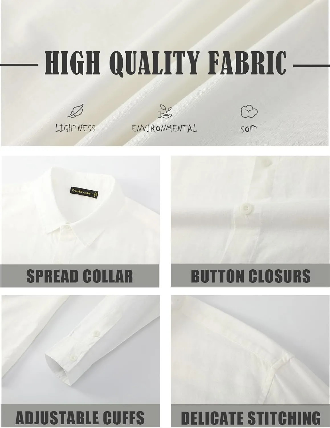 Ross&Freckle Men's Casual Button Down Long Sleeve Shirt Cotton Linen Shirts