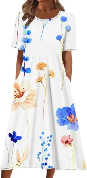 Round-Neck Short Sleeve Ladies Loose Casual Women Oversized Long Dresses Summer Beach Sundress Pocket Midi Dress