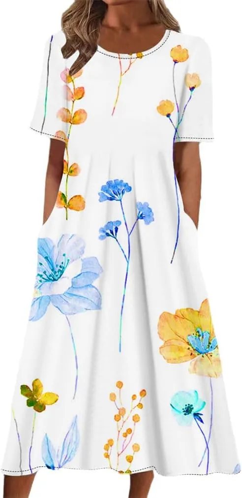 Round-Neck Short Sleeve Ladies Loose Casual Women Oversized Long Dresses Summer Beach Sundress Pocket Midi Dress