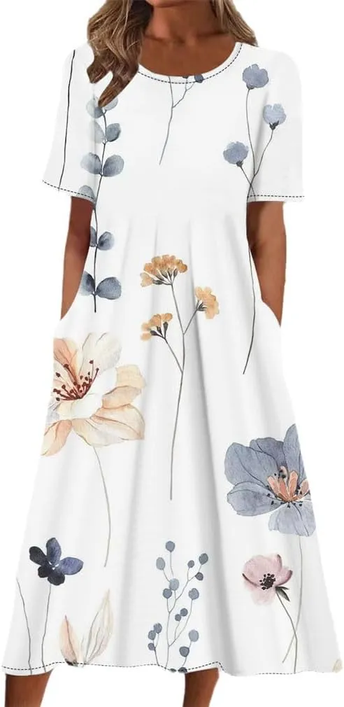 Round-Neck Short Sleeve Ladies Loose Casual Women Oversized Long Dresses Summer Beach Sundress Pocket Midi Dress