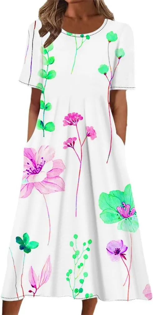 Round-Neck Short Sleeve Ladies Loose Casual Women Oversized Long Dresses Summer Beach Sundress Pocket Midi Dress
