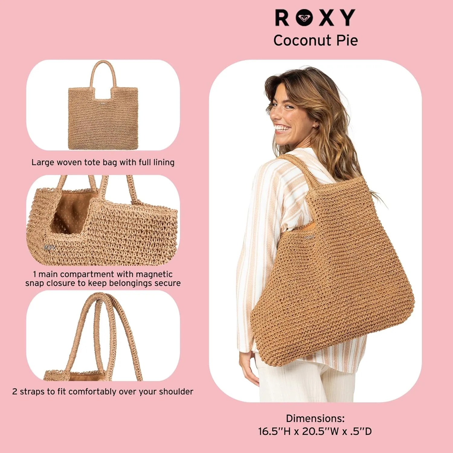 Roxy Women's Beach Tote Bag | Travel | Vacation | Straw | Lightweight | Breathable