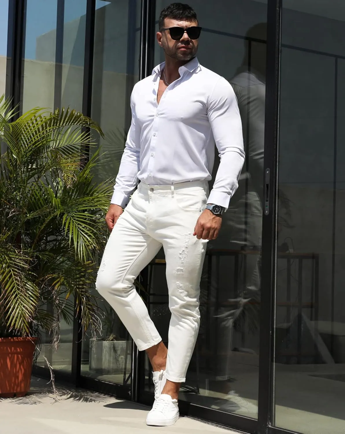 RPOVIG Men's Muscle Dress Shirts:Casual Button Down Long Sleeve Elasticity Athletic Fit Wrinkle-Free Shirt