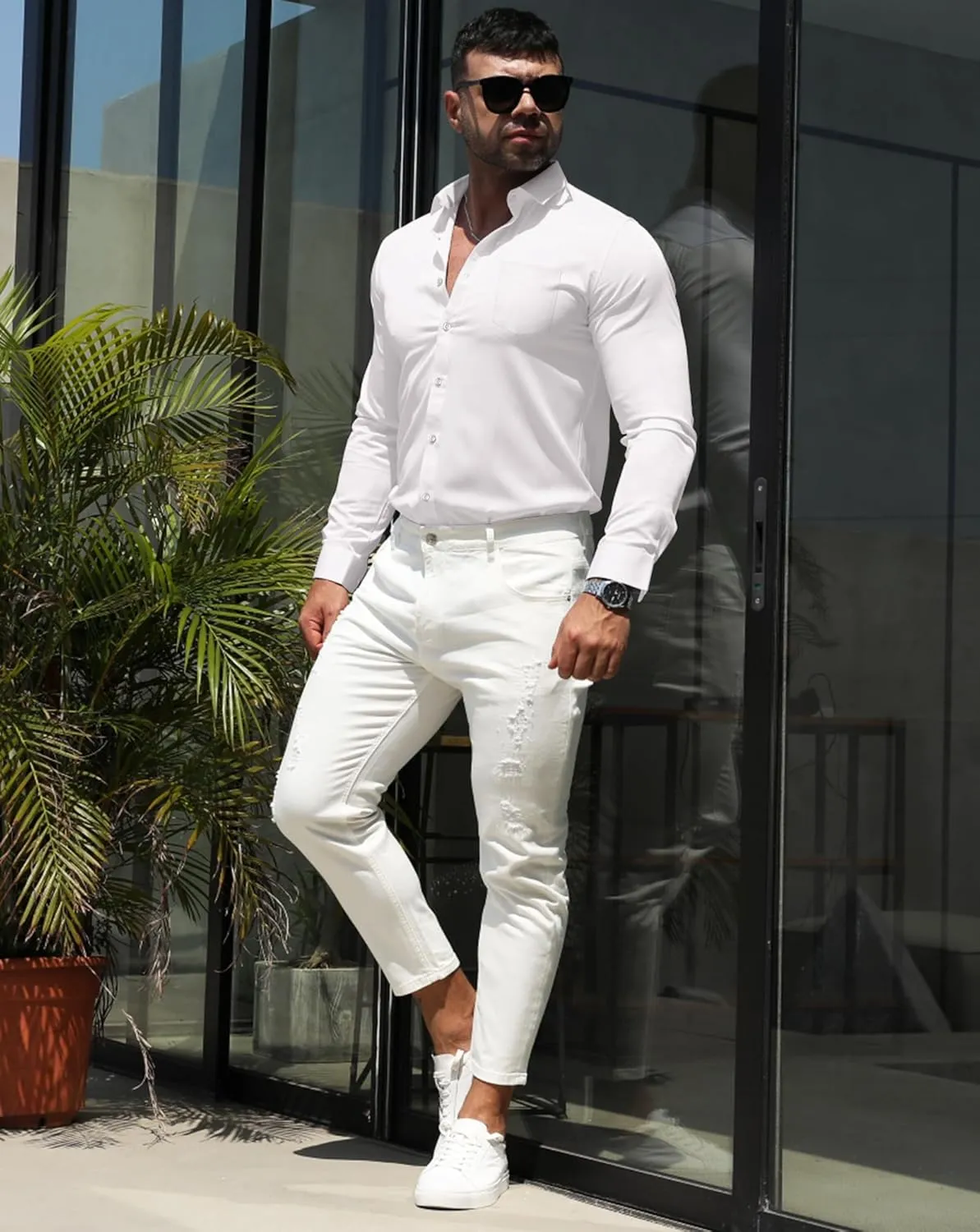 RPOVIG Men's Muscle Dress Shirts:Casual Button Down Long Sleeve Elasticity Athletic Fit Wrinkle-Free Shirt