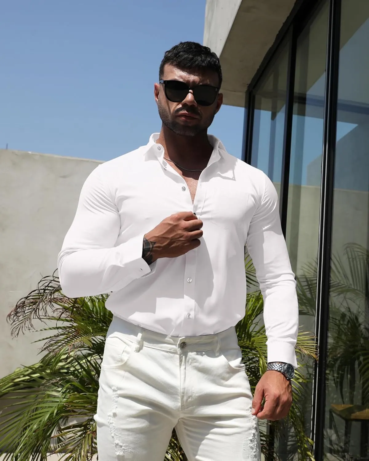 RPOVIG Men's Muscle Dress Shirts:Casual Button Down Long Sleeve Elasticity Athletic Fit Wrinkle-Free Shirt