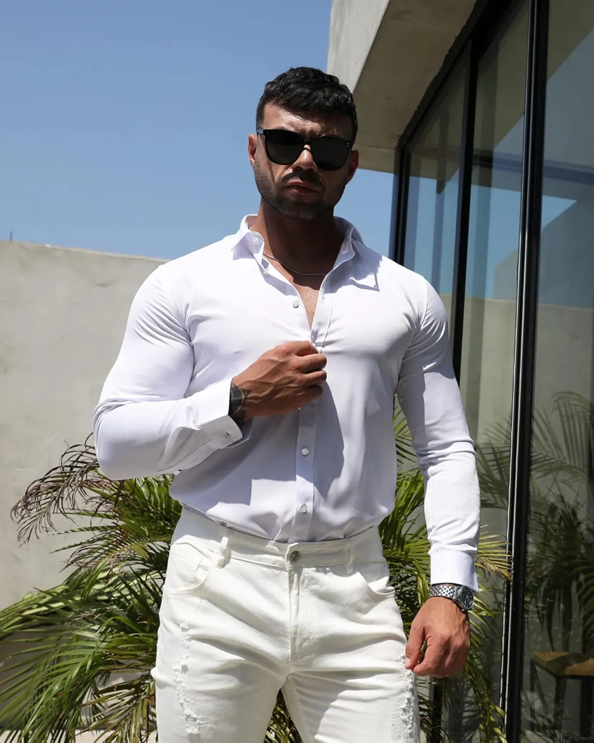 RPOVIG Men's Muscle Dress Shirts:Casual Button Down Long Sleeve Elasticity Athletic Fit Wrinkle-Free Shirt