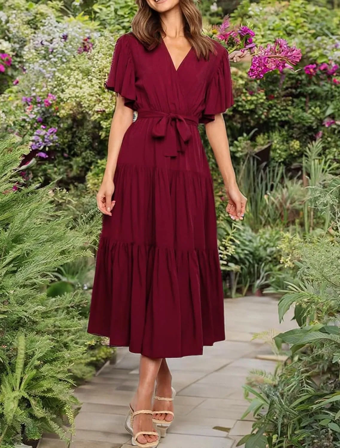 R.Vivimos Summer Dress for Women Cotton Ruffle Short Sleeves V Neck Casual Flowy Midi Dress with Belt