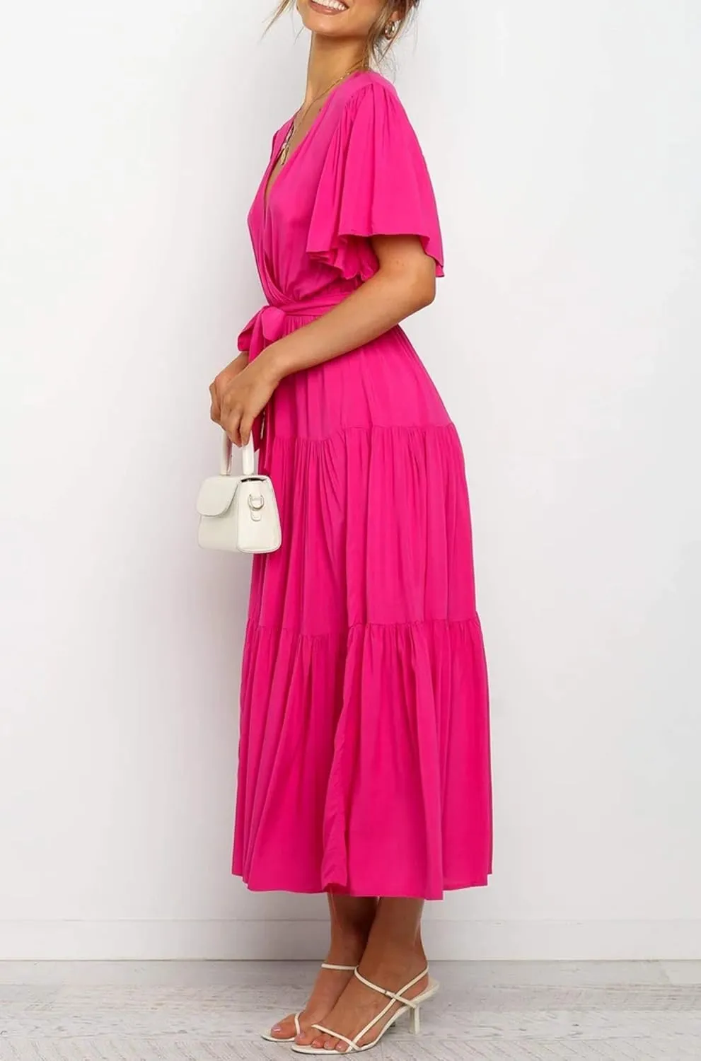 R.Vivimos Summer Dress for Women Cotton Ruffle Short Sleeves V Neck Casual Flowy Midi Dress with Belt