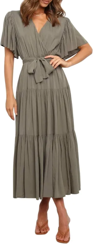 R.Vivimos Summer Dress for Women Cotton Ruffle Short Sleeves V Neck Casual Flowy Midi Dress with Belt