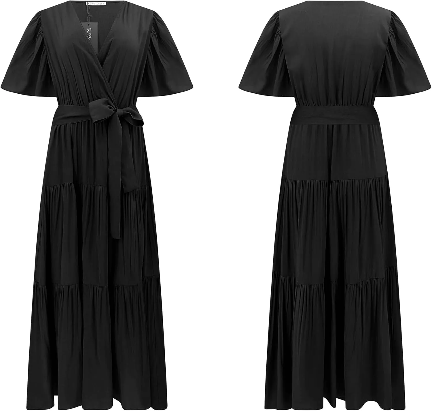 R.Vivimos Summer Dress for Women Cotton Ruffle Short Sleeves V Neck Casual Flowy Midi Dress with Belt