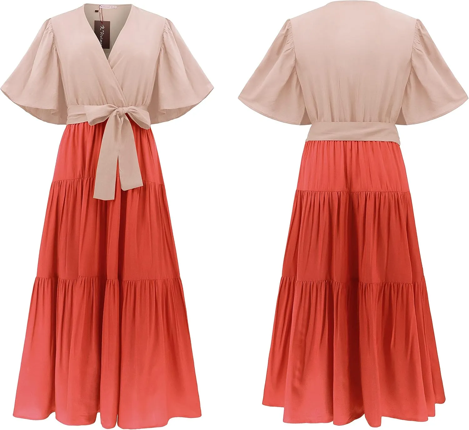 R.Vivimos Summer Dress for Women Cotton Ruffle Short Sleeves V Neck Casual Flowy Midi Dress with Belt