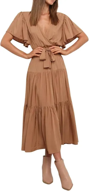 R.Vivimos Summer Dress for Women Cotton Ruffle Short Sleeves V Neck Casual Flowy Midi Dress with Belt