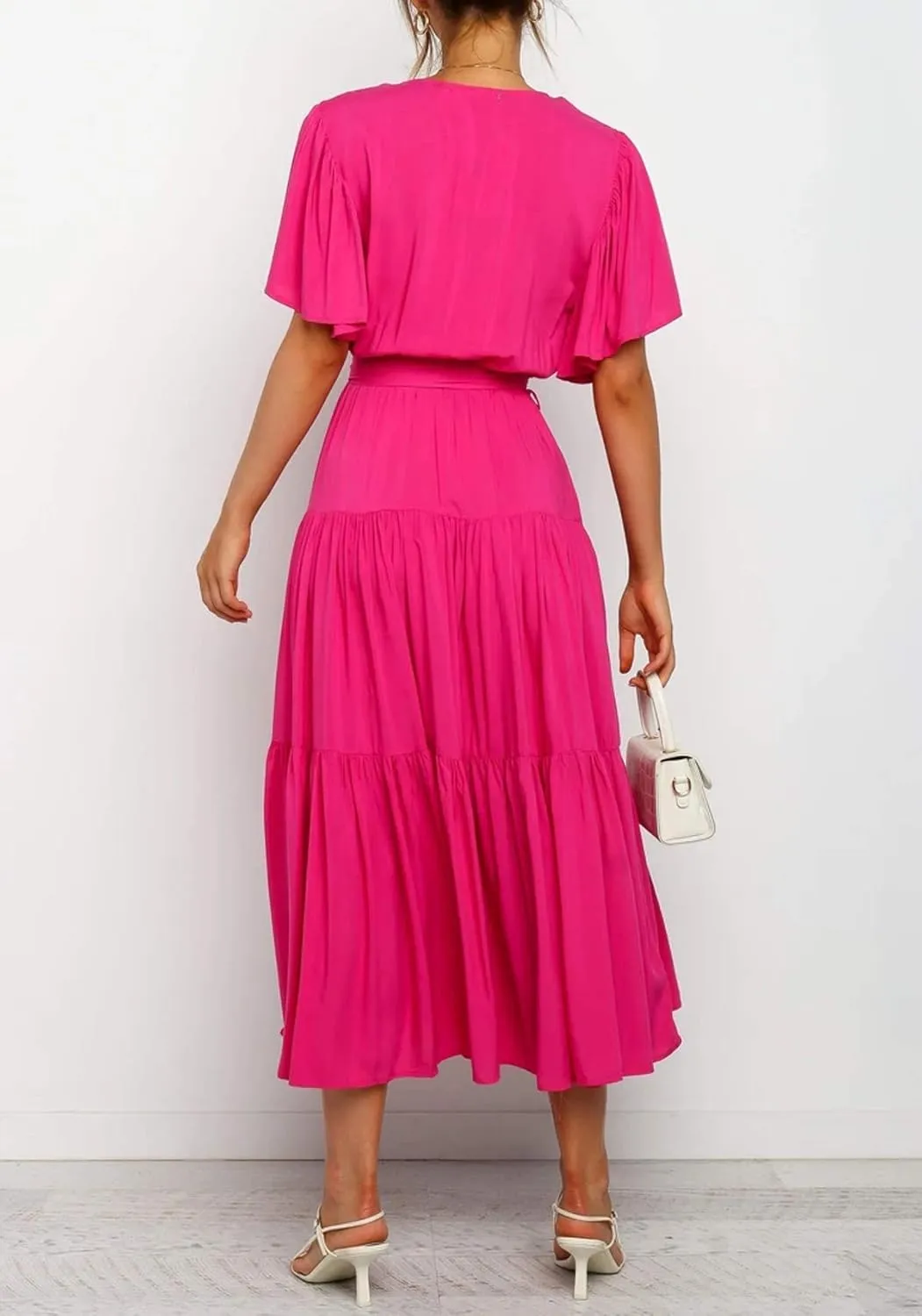 R.Vivimos Summer Dress for Women Cotton Ruffle Short Sleeves V Neck Casual Flowy Midi Dress with Belt