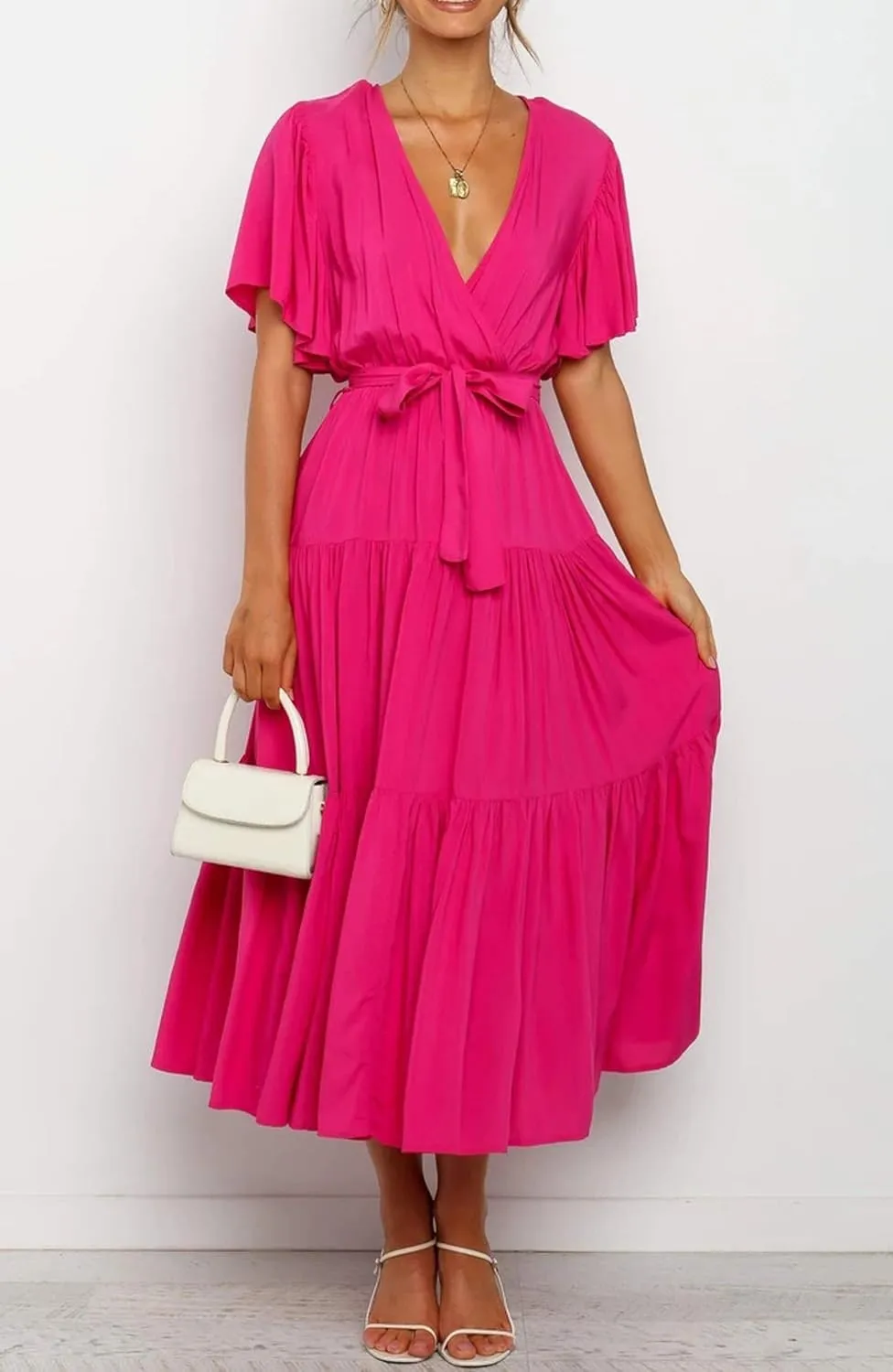 R.Vivimos Summer Dress for Women Cotton Ruffle Short Sleeves V Neck Casual Flowy Midi Dress with Belt