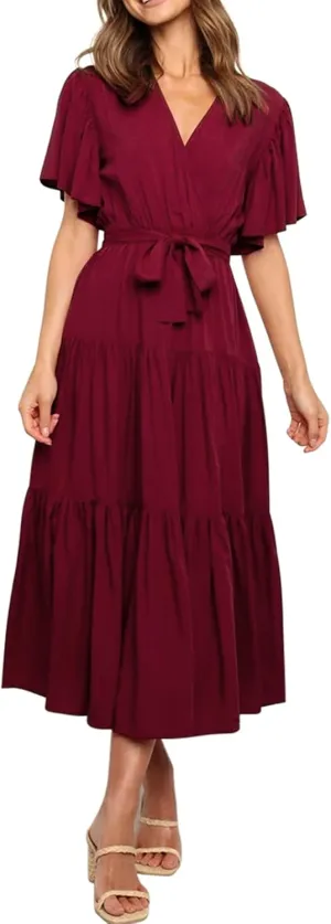 R.Vivimos Summer Dress for Women Cotton Ruffle Short Sleeves V Neck Casual Flowy Midi Dress with Belt
